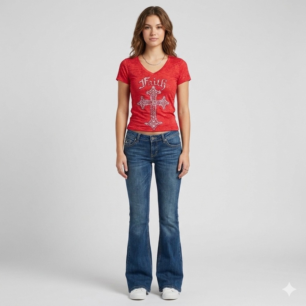 Vtg Y2K Cross Graphic‎ Tee S/M Red Burnout Faith McBling Grunge Gothic Cyber USA
